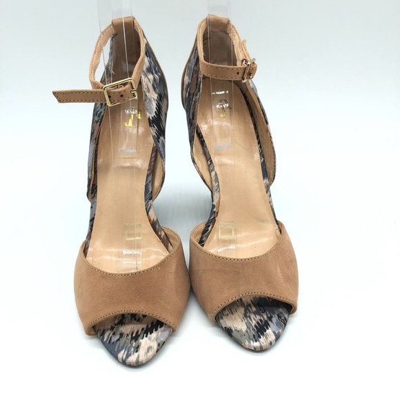 June Ambrose Wedge Sandal Suede Ankle Strap Geometric Beige Blue 7.5 - Picture 2 of 8